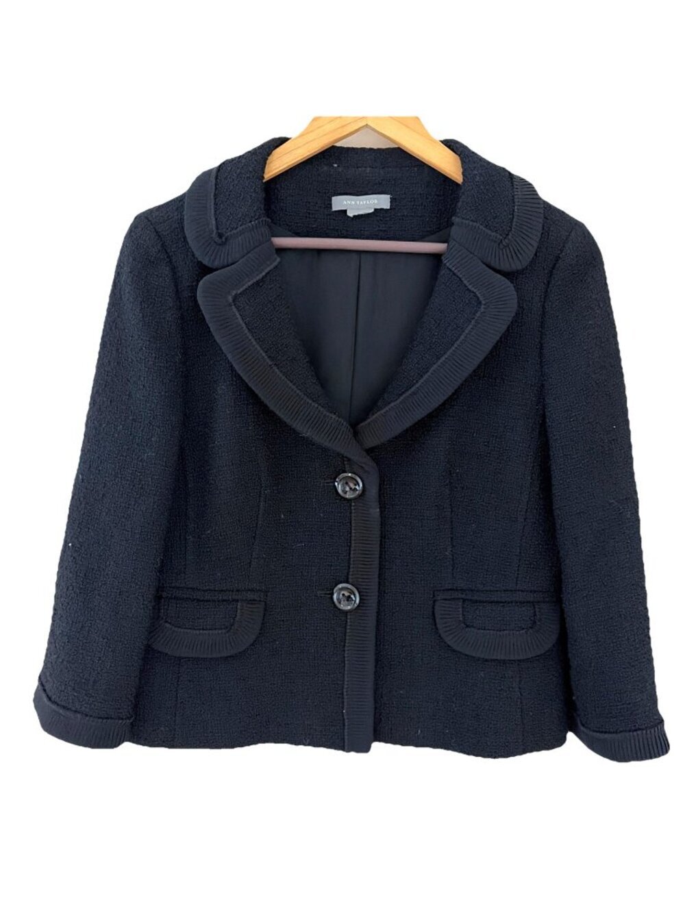 Ann Taylor Boucle Blazer Women's Size 8 Black Pleated Trim 3/4 Sleeves Career